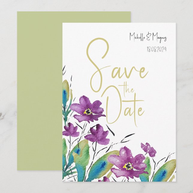 Artistic Purple Turquoise Wildflowers Watercolor Save The Date (Front/Back)