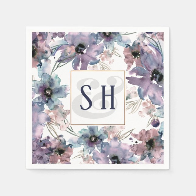 Artistic Purple Watercolor Flowers, Monogram Napkin (Front)