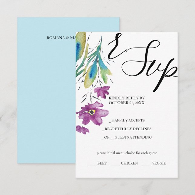 Artistic Purple Wildflower Watercolor Hand-painted RSVP Card (Front/Back)