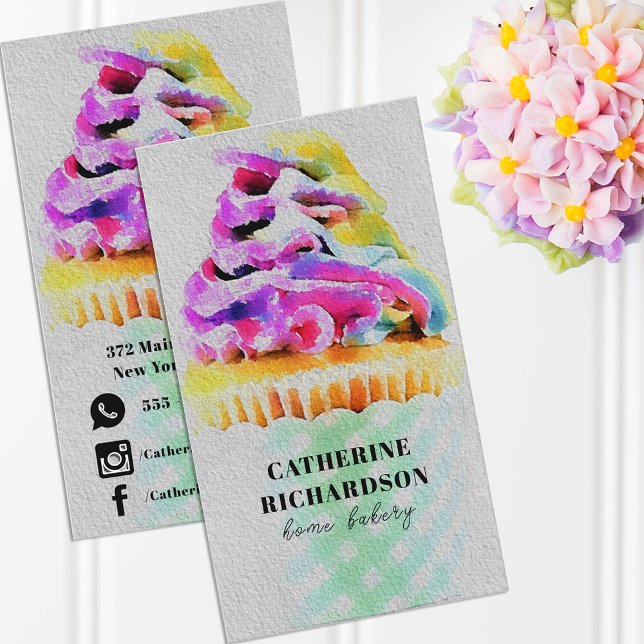 Artistic Rainbow Watercolor Cupcake Home Bakery Business Card (Creator Uploaded)