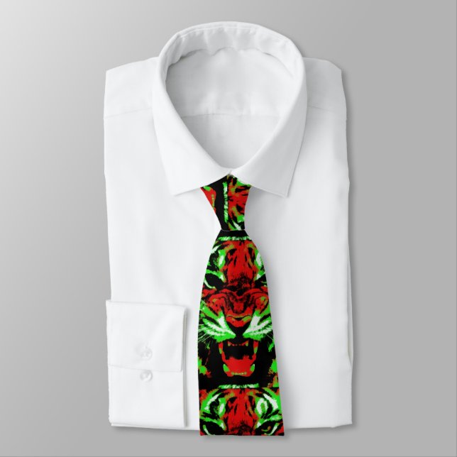 Artistic Red and Green Tiger Face Painting Tie (Tied)