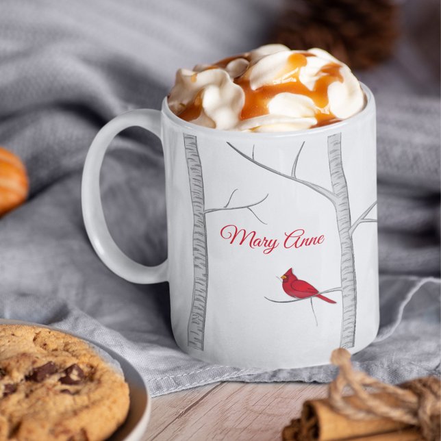 Artistic Red Bird Winter Tree Rustic Woodland Coffee Mug (Christmas holiday winter red cardinal custom mug)