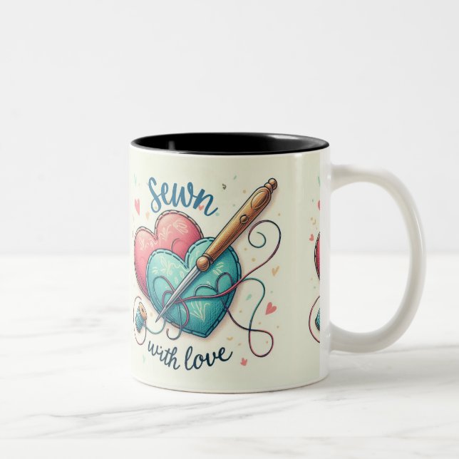Artistic Red Sewn Heart Valentine’s Day Embroidery Two-Tone Coffee Mug (Right)