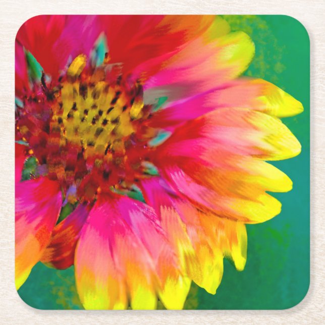 Artistic rendition of Indian Blanket flower Square Paper Coaster (Front)