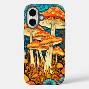 Artistic Retro Mushroom Forest Illustration iPhone 16 Case