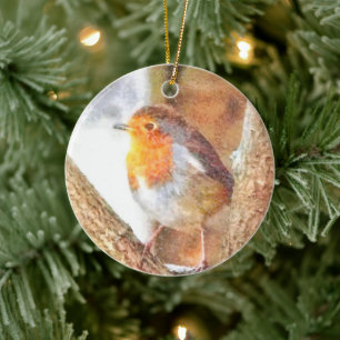 Artistic Robin Redbreast Perched  Ceramic Tree Decoration