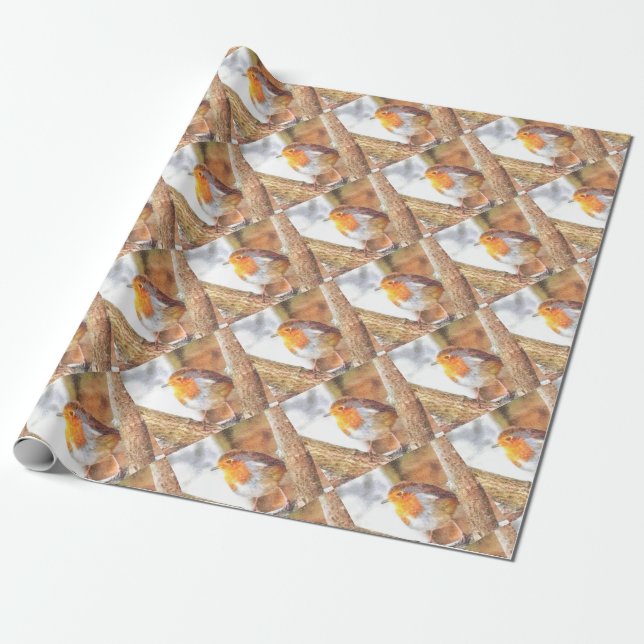 Artistic Robin Redbreast Perched  Wrapping Paper (Unrolled)