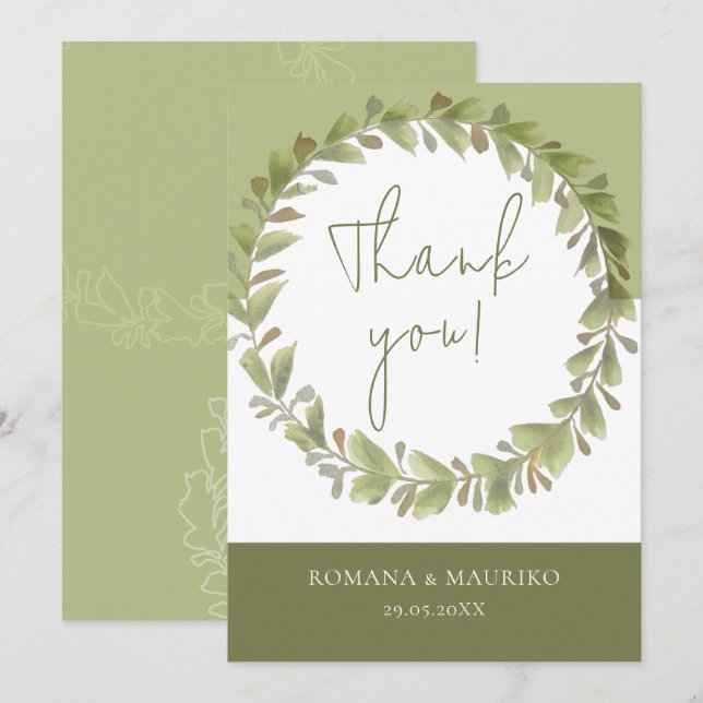 Artistic Romantic Green Wreath Thank You Card (Front/Back)