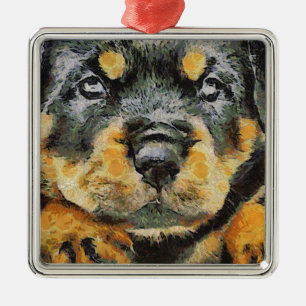 Artistic Rottweiler Puppy Portrait Metal Tree Decoration