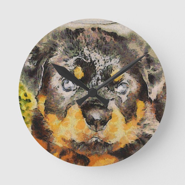 Artistic Rottweiler Puppy Portrait Round Clock (Front)