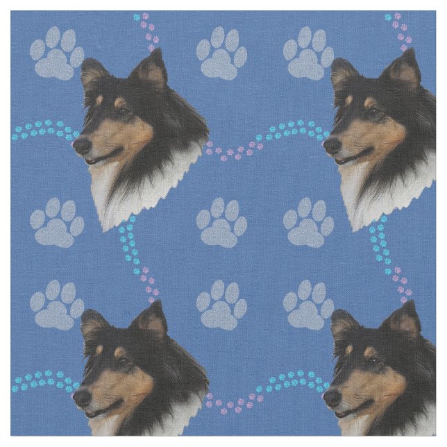 Artistic Rough Collie Head (Tri) Fabric (Close Up)