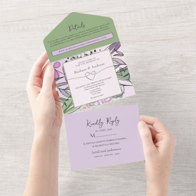 Artistic Sage Green Purple Wedding All In One Invitation (Tearaway)