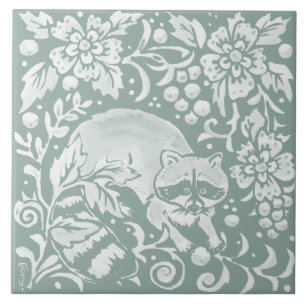 Artistic Sage Green Racoon Forest Woodland Animal Tile