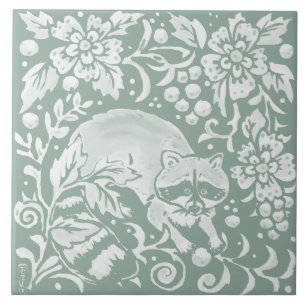Artistic Sage Green Racoon Forest Woodland Animal Tile