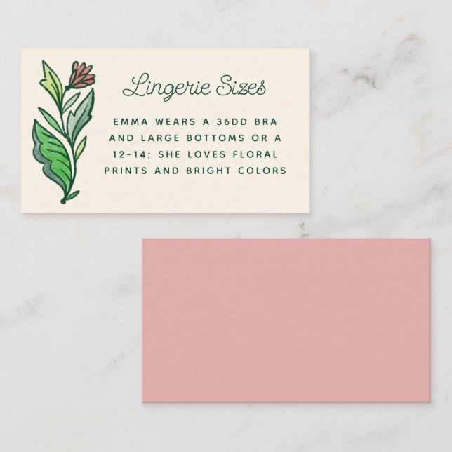 Artistic Scandinavian Bridal Shower Lingerie Size Enclosure Card (Front/Back)