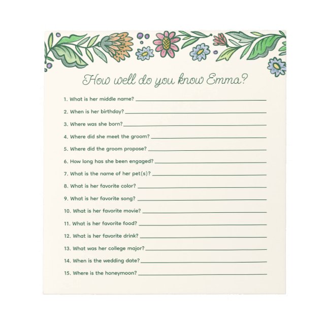Artistic Scandinavian Floral Bridal Shower Game Notepad (Front)