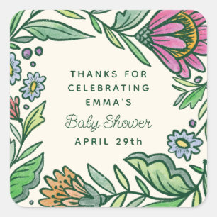 Artistic Scandinavian Folk Floral Baby Shower Square Sticker