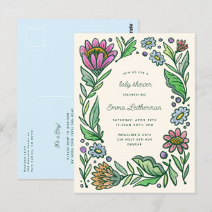 Artistic Scandinavian Folk Floral Boy Baby Shower Postcard