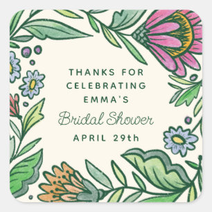 Artistic Scandinavian Folk Floral Bridal Shower Square Sticker