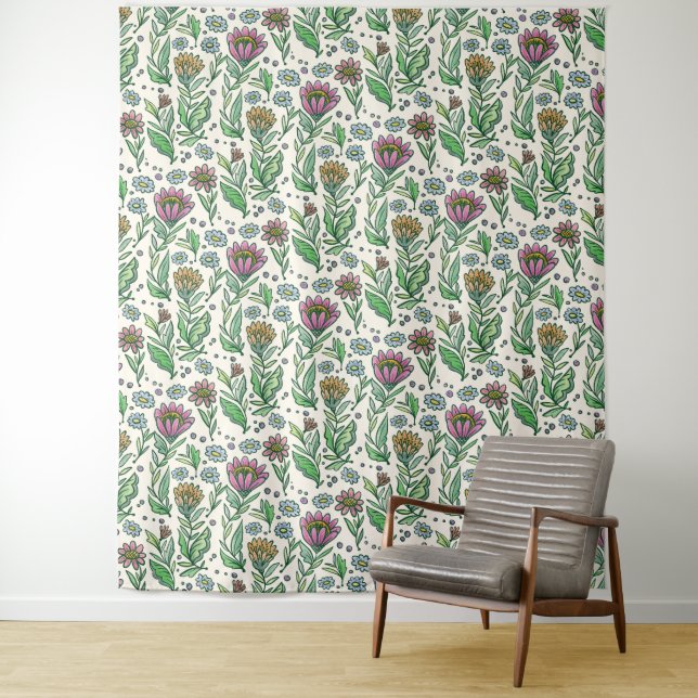 Artistic Scandinavian Folksy Floral Photo Backdrop Tapestry (In Situ)