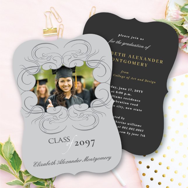 Artistic Scrolls Frame Photo Chic Graduation Party Invitation (Creator Uploaded)