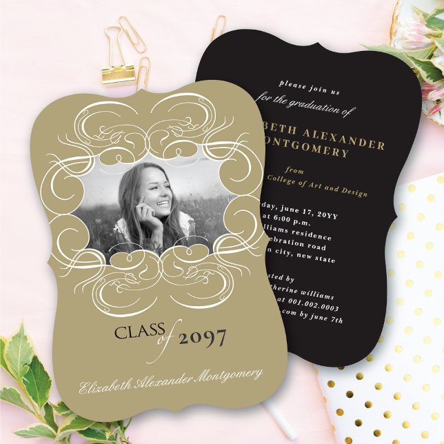 Artistic Scrolls Frame Photo Chic Graduation Party Invitation (Creator Uploaded)