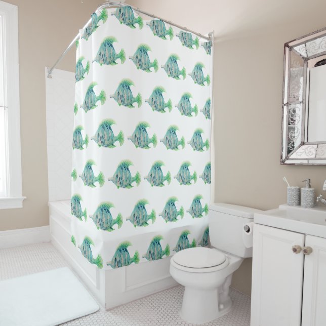 Artistic Sea Animal Watercolor Blue Tropical Fish Shower Curtain (In Situ)