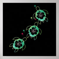 Artistic Sea Turtle Hibiscus Flower Wall Art Cute