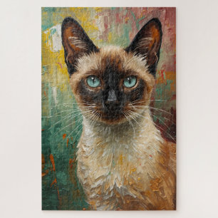 Artistic Siamese Cat Portrait Vibrant Oil Painting Jigsaw Puzzle
