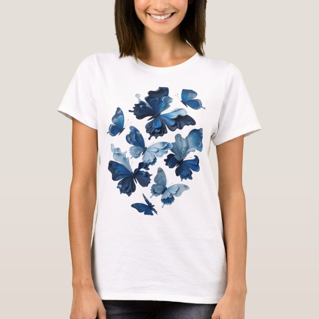 Artistic Silver BLUE BUTTERFLIES Text Design T-Shirt (Front)