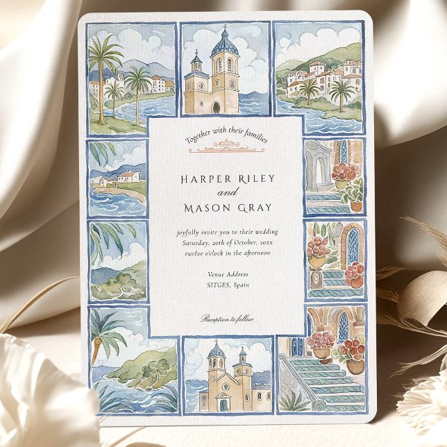 Artistic Sitges Spain Tile Watercolor Wedding Invitation (Creator Uploaded)