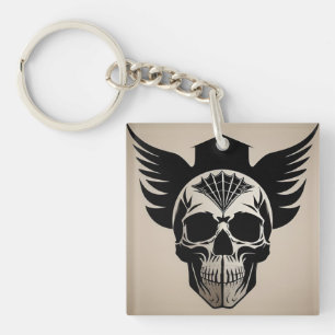 Artistic Skull With Wings and Abstract Geometric Key Ring