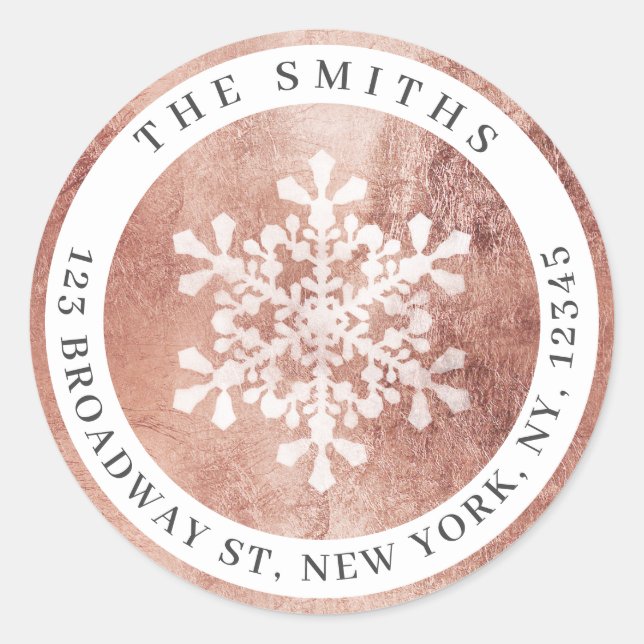 Artistic snowflake rose gold Return Address Classic Round Sticker (Front)