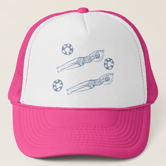 Artistic Snychro Swimmers Blue Illustration Trucker Hat (Front)