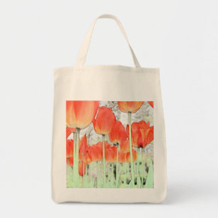 artistic style red tulip flowers. floral garden tote bag