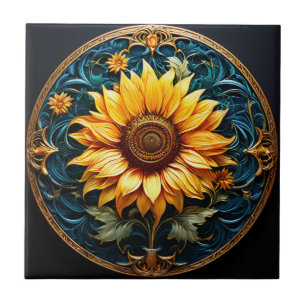 Artistic Sunflower on Black Tile