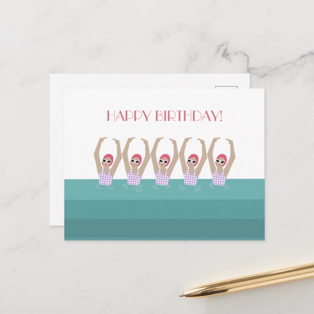 Artistic Swimmers | Swimming Illustration Birthday Postcard (Front/Back In Situ)