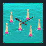 Artistic Swimmers Swimming Under Water  Square Wall Clock<br><div class="desc">Synchronised Swimming Under Water - Artistic Swimmers suspend themselves upside down. Modern abstract digital drawing. A gift for swimming lovers,  swimming team,  swimming coach ... </div>