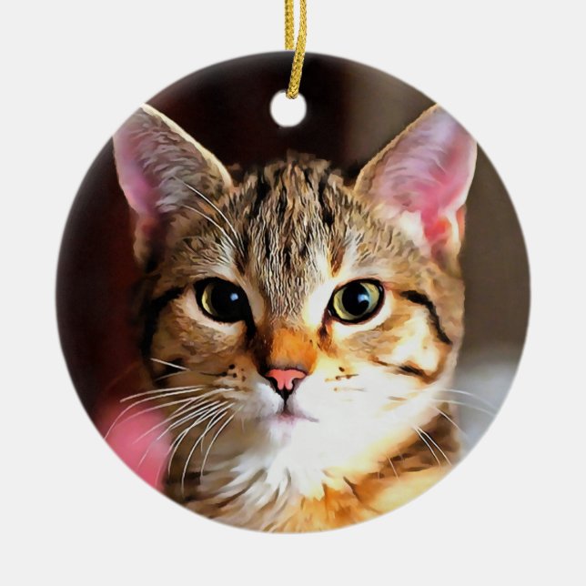 Artistic Tabby Cat Kitten Portrait Ceramic Tree Decoration (Front)