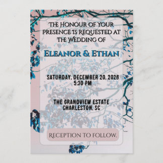 Artistic Teal Blue Branches Pink Sky Modern Invitation