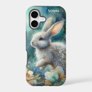 Artistic Teal Blue Watercolor Floral Bunny
