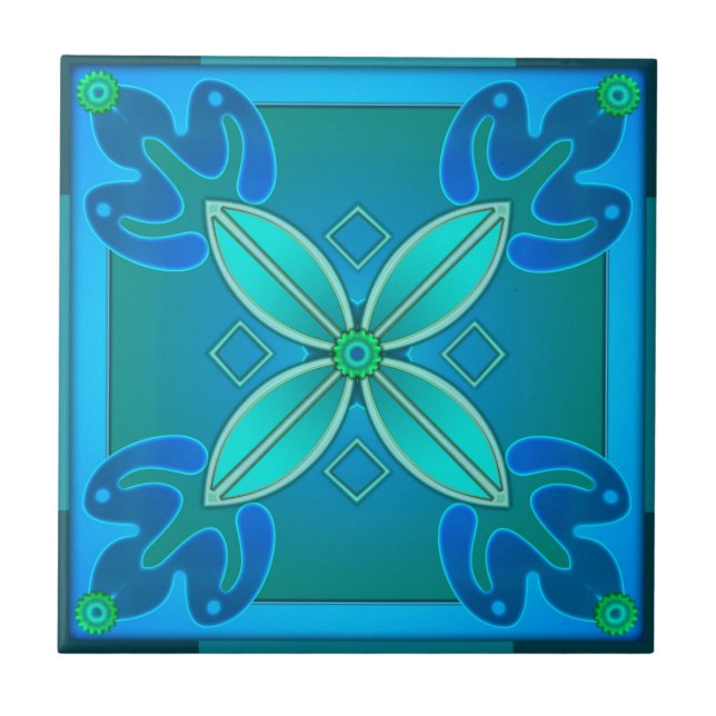Artistic Teal Floral Design Bathroom Tile (Front)