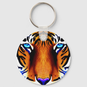 Artistic Tiger Cat Face Head Cute Animal Blue Eyes Key Ring