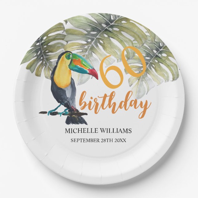 Artistic Toucan Tropical Party Watercolor Paper Plate (Front)