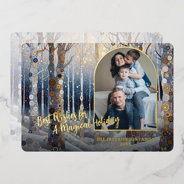 Artistic Trendy Classic Winter Wonderland Art Gold Foil Holiday Card (Front/Back)