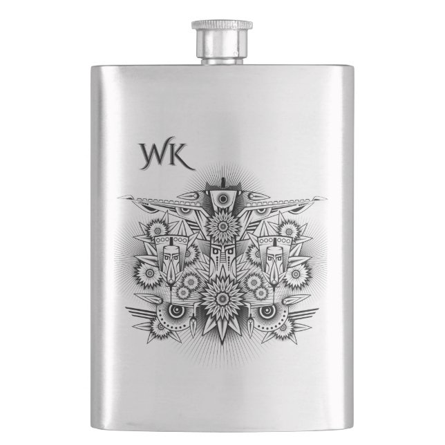 Artistic Tribal Design Monogram Hip Flask (Front)