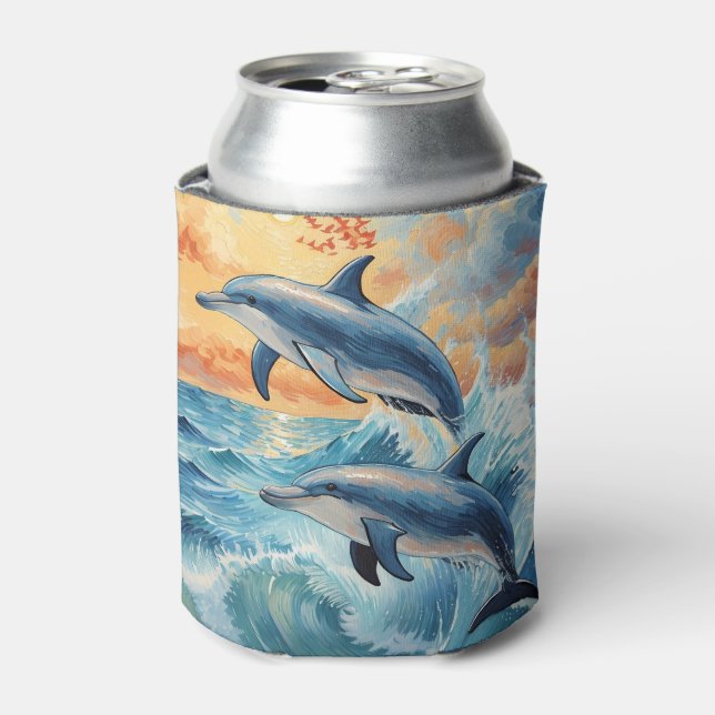 Artistic Two Jumping Dolphins Sunset Ocean  Can Cooler (Can Front)