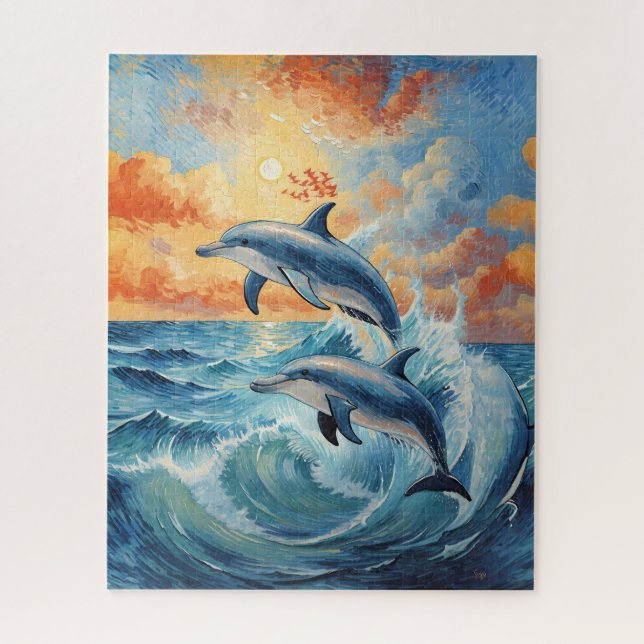 Artistic Two Jumping Dolphins Sunset Ocean  Jigsaw Puzzle (Vertical)
