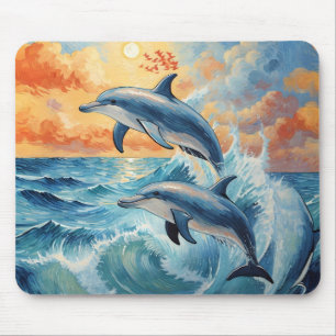 Artistic Two Jumping Dolphins Sunset Ocean Mouse Mat