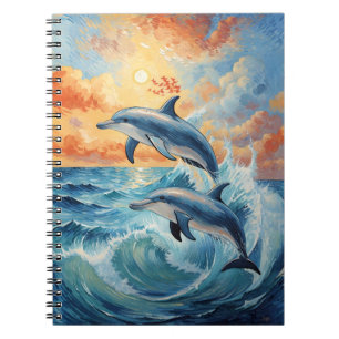 Artistic Two Jumping Dolphins Sunset Ocean  Notebook